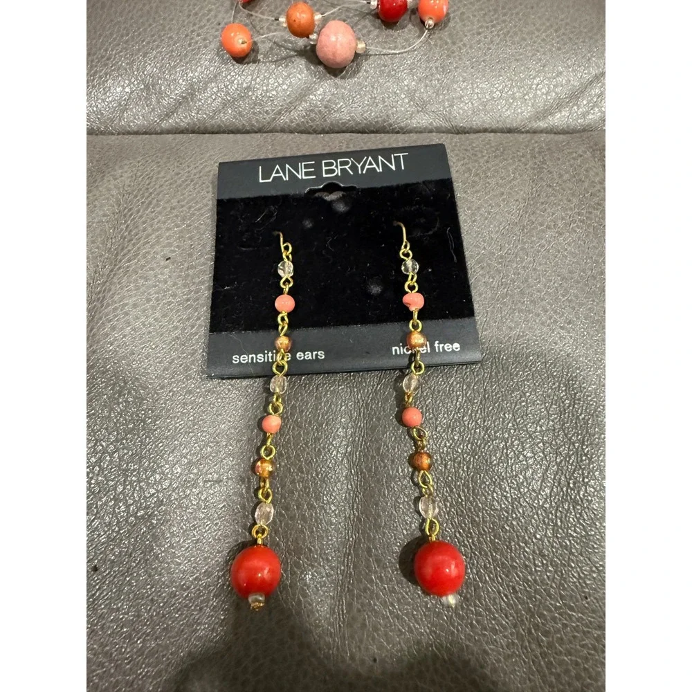 Lane Bryant Red Orange Coral Multi Strand Illusion Necklace and Drop Earring Set